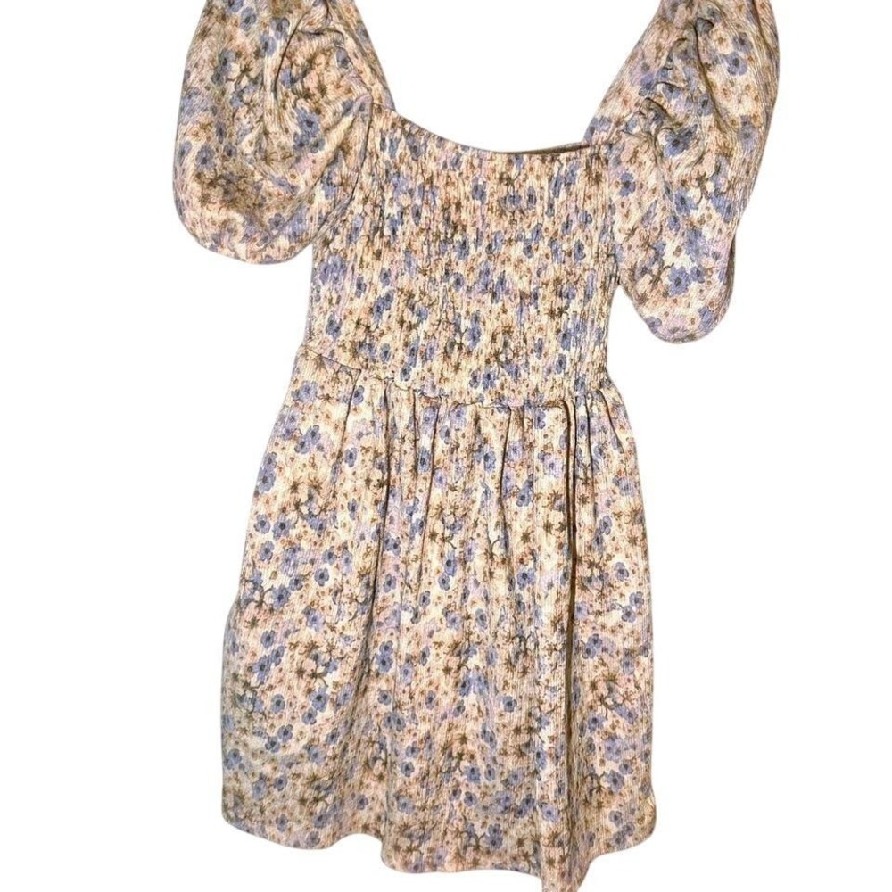 Floral Smocked Puff Sleeve Mini Dress Square Neck Blue Tan Babydoll Cottagecore‎